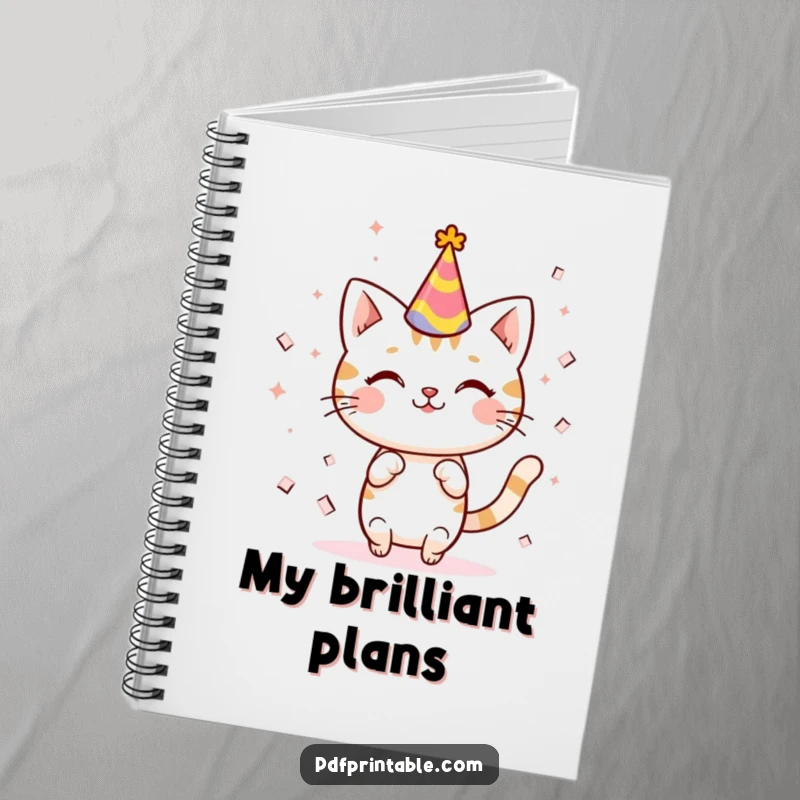 Funny kawaii cat in a party hat, surrounded by festive confetti, inspiring colorful thoughts and doodles in this cute notebook.