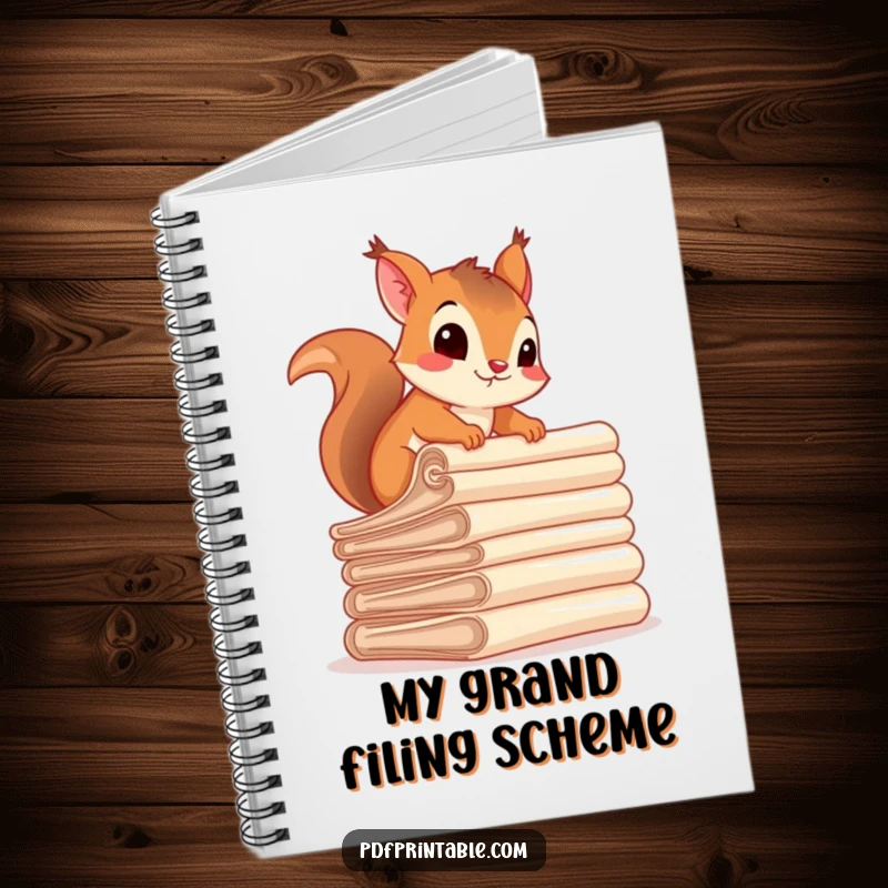 Funny squirrel character climbing a stack of rolled papers on a notebook cover, symbolizing hard work and humor.
