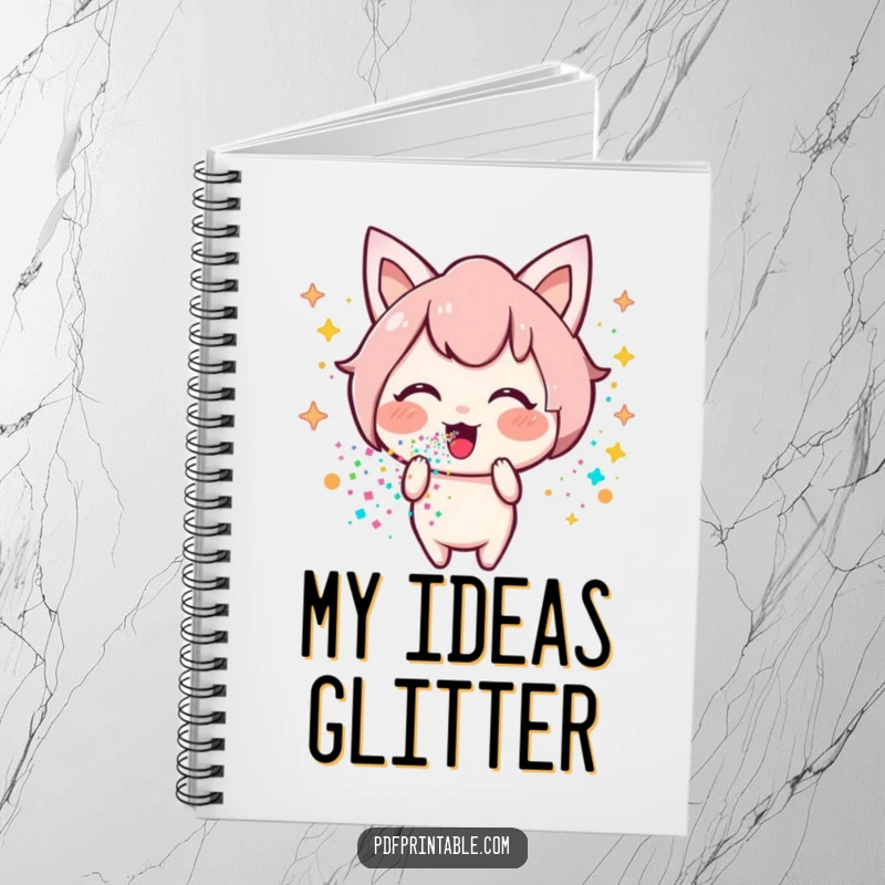 Funny Kawaii glitter notebook cover with a happy character blowing a trail of colorful glitter, symbolizing bright ideas and joyful expression.