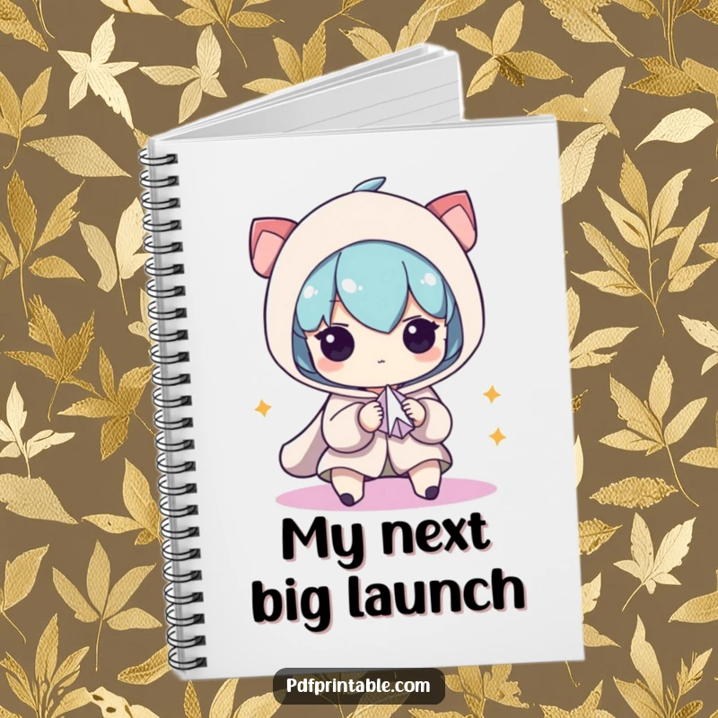 Funny Notebook: Character intensely focused on folding a paper airplane, symbolizing creativity and planning, ideal for note-taking, a funny gift.