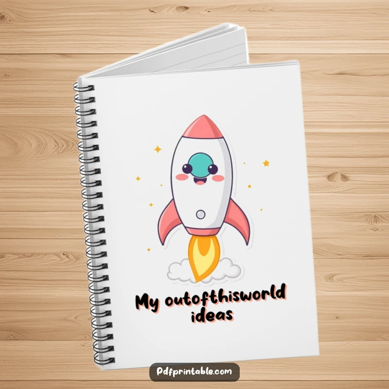 Funny kawaii rocket character blasting off from a smiling paper, gracing a notebook for humorous and inspiring note-taking.