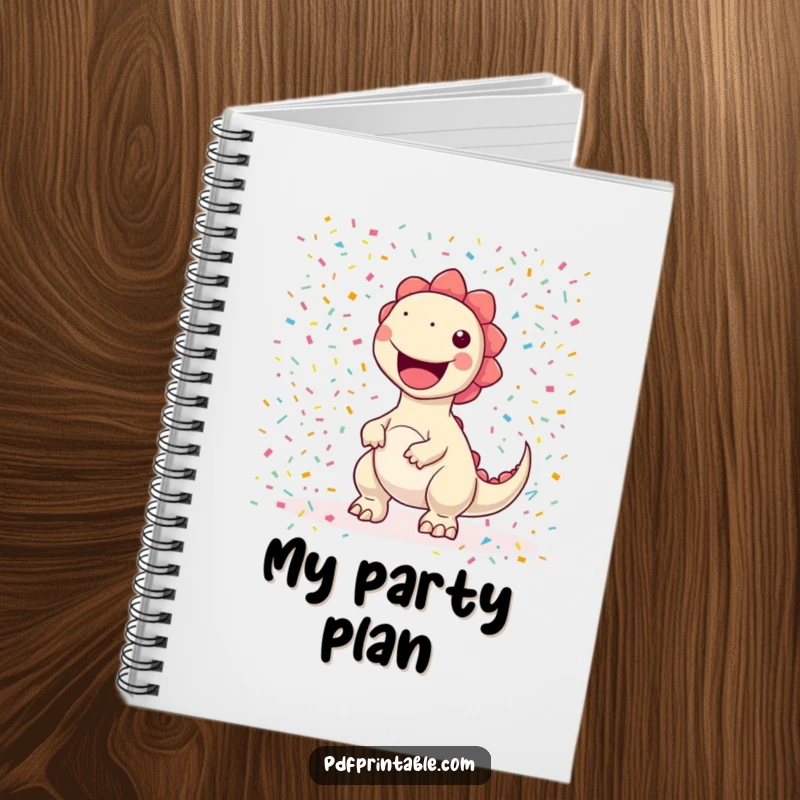 Funny kawaii dinosaur character joyfully printing a colorful confetti pattern, gracing a notebook for humorous and inspiring note-taking.