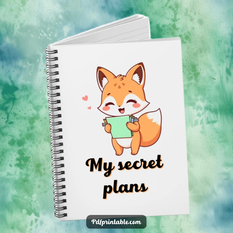 Funny kawaii fox giggling with colorful papers, inspiring playful notes and doodles in this cute notebook.