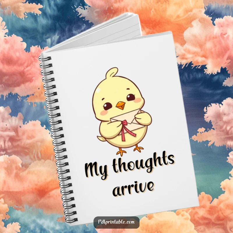 Funny Bird Letter Notebook with a cheerful bird character delivering a tiny, folded letter with a ribbon, perfect for journaling and note-taking.