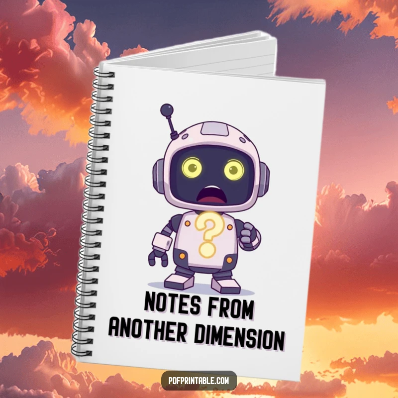 Funny Notebook with a surprised robot character holding a large, glowing question mark, ready for your notes.