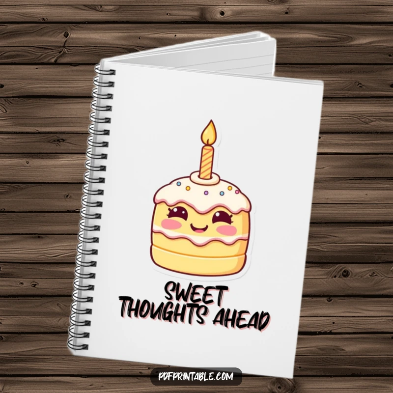 Funny birthday notebook with a tiny, smiling cake character and candle, providing a cheerful space for notes and ideas.