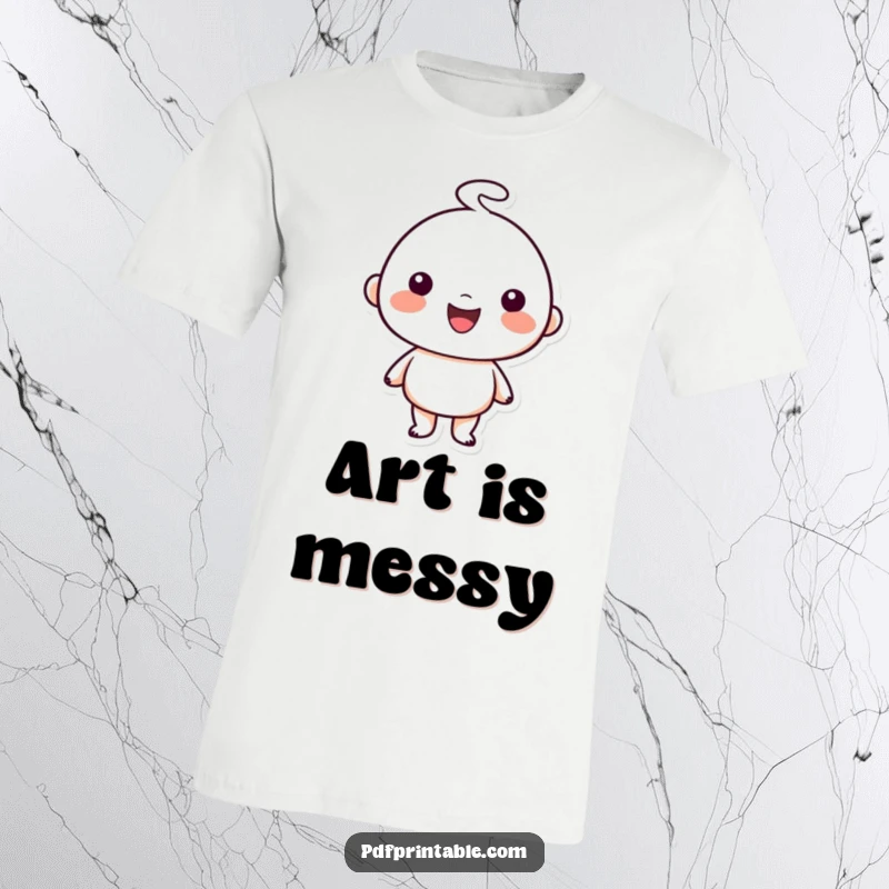 Funny T-Shirt: Happy character proudly displaying a simple charming doodle artwork, symbolizing creativity and artful expression, a fun funny gift.