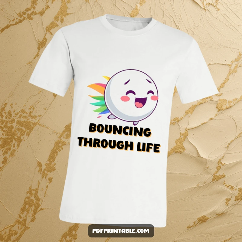 Funny t-shirt with a lively bouncy ball character leaving a vivid, colorful streak, radiating pure fun.