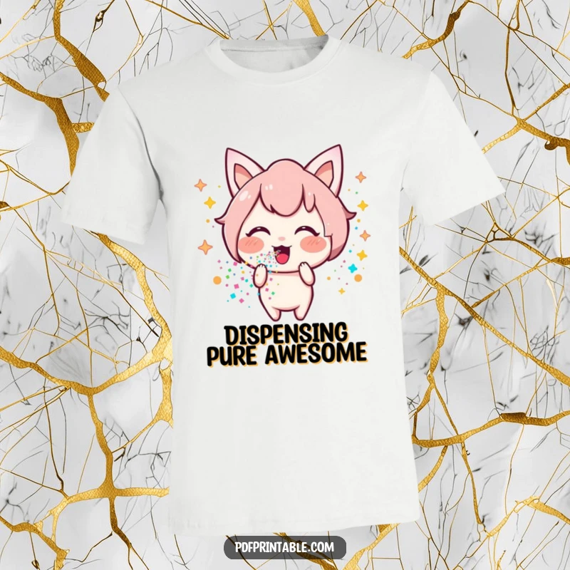 Funny Kawaii glitter t-shirt showing a happy character blowing a colorful stream of glitter, embodying pure joy and celebratory vibes.