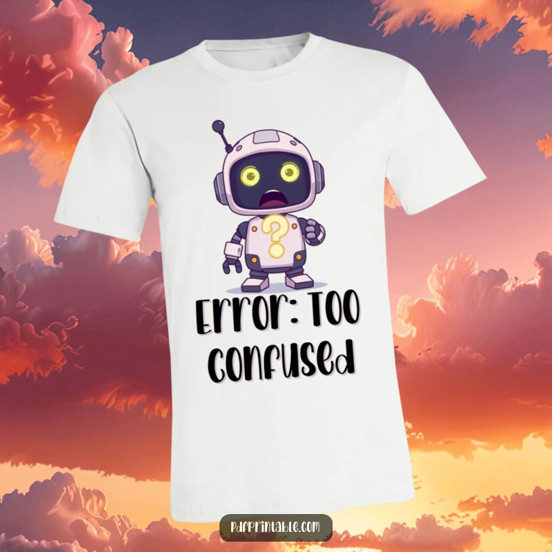 Funny T-Shirt featuring a surprised robot character holding a big, glowing question mark, embodying confusion and wonder.