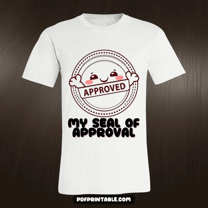 Funny t-shirt of a happy character joyfully stamping an Approved seal, embodying positivity and successful completion.