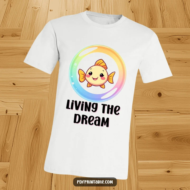 Funny Fish T-Shirt: A smiling fish glides through a rainbow bubble, showcasing a vibrant and joyful aquatic scene.