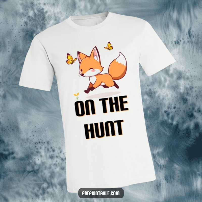 Funny playful fox chasing a fluttering butterfly on a t-shirt, celebrating the joy of nature and lighthearted moments.