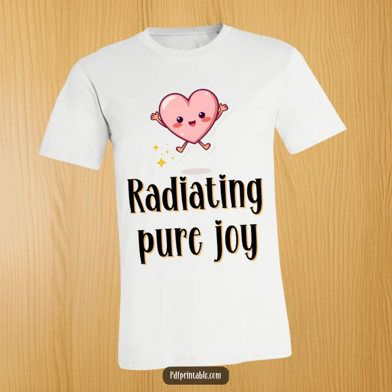 Funny t-shirt showcasing a lively jumping heart character trailing a path of shimmering sparkles, radiating happiness.