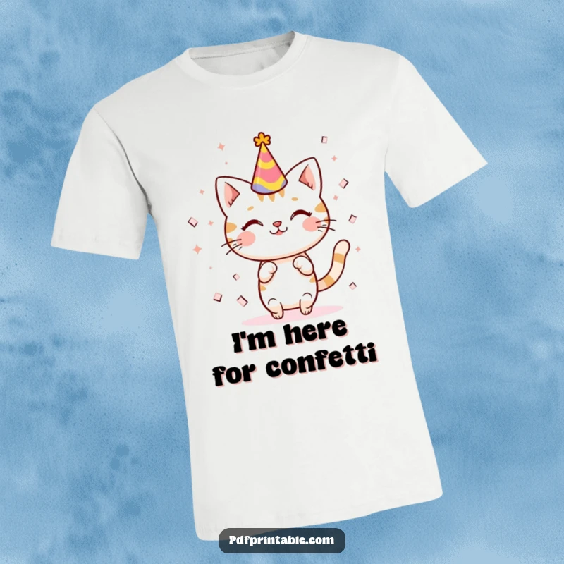 Funny kawaii cat wearing a party hat, joyfully celebrating with a shower of confetti, printed on a soft and comfortable tee.