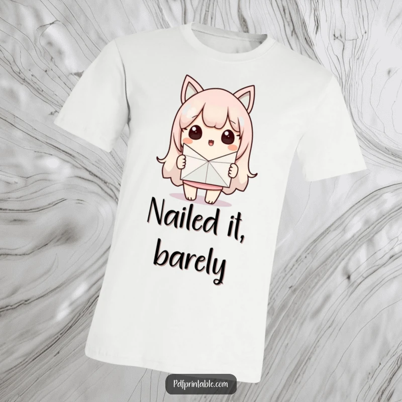 Funny T-Shirt: A surprised Kawaii character holds up a finished paper craft, looking proud. Ideal funny gift for crafty individuals.