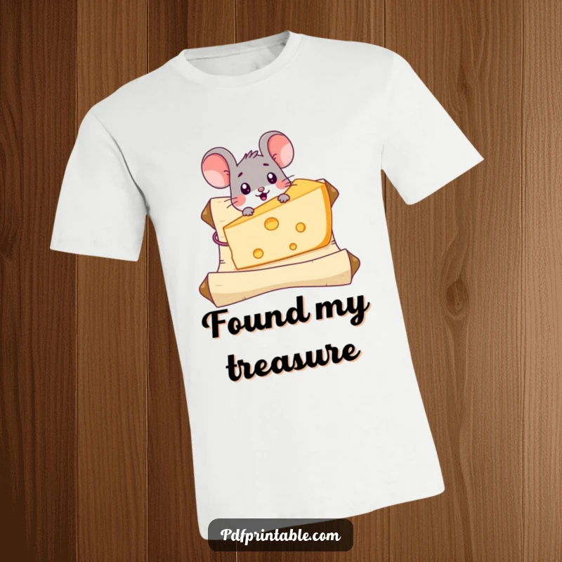 Funny Mouse Cheese T-Shirt depicting a surprised mouse character stumbling upon a massive piece of cheese presented on a scroll, showing pure delight.