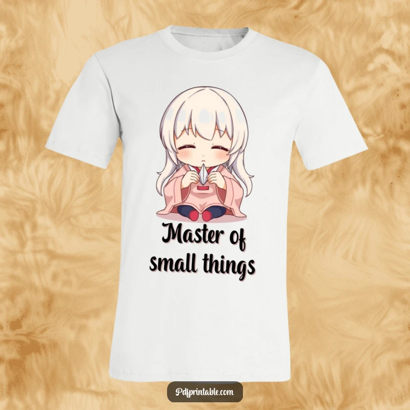 Funny T-Shirt depicting a character intensely focused on carefully folding a tiny paper crane, showcasing dedication and artistic talent.