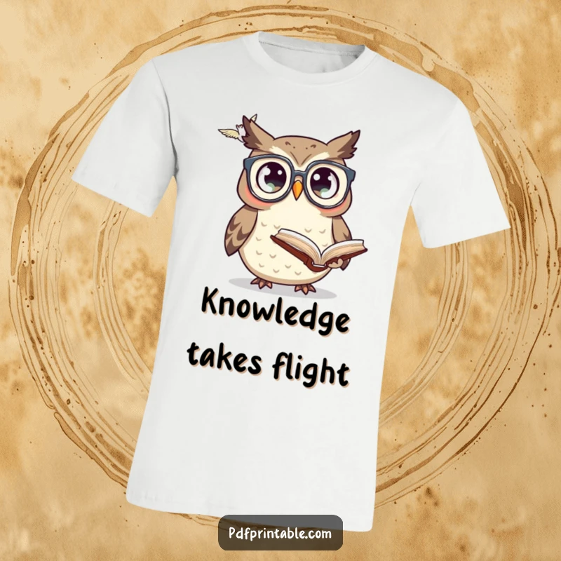Funny owl with tiny glasses looking surprised at a flying book on a t-shirt, capturing a moment of literary astonishment.
