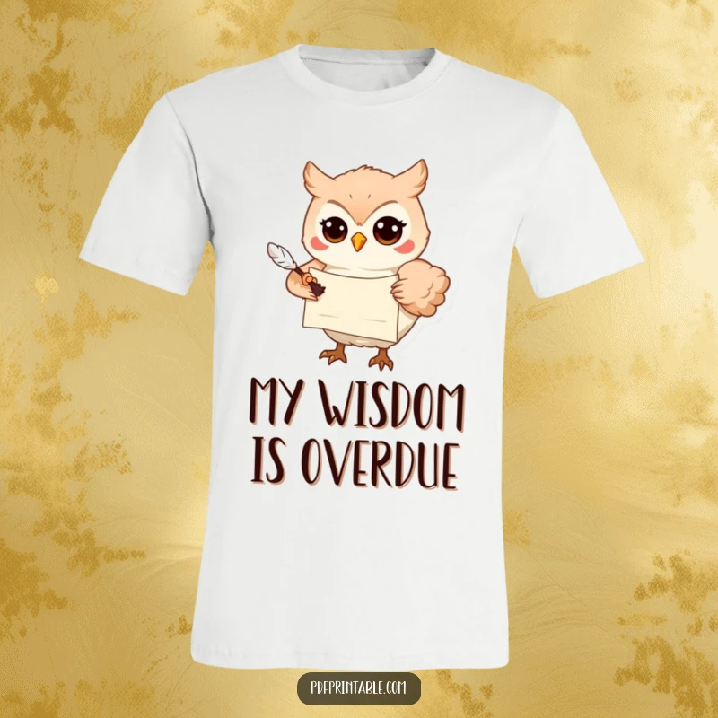Funny T-Shirt: A playful owl holding a scroll and quill in its beak, symbolizing wisdom and communication, perfect for witty wearers.