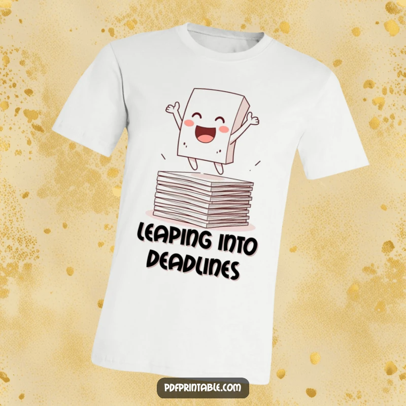 Funny T-Shirt of a cheerful paper character leaping dynamically from a stack of papers. Symbolizing escape and joyful freedom.