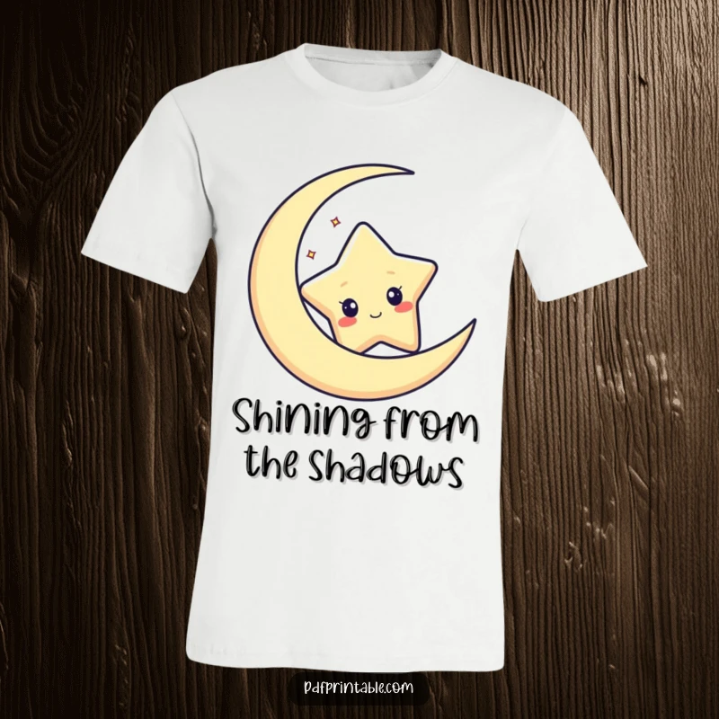 Funny t-shirt with a curious star character peeking from behind a serene crescent moon, evoking a sense of wonder.
