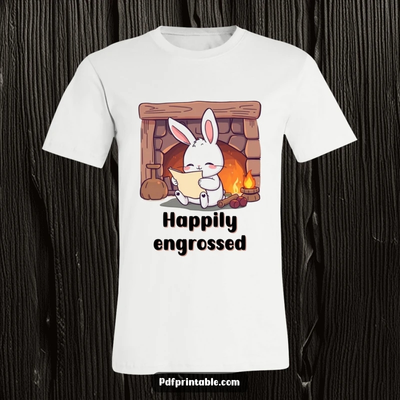 Funny T-Shirt: A content rabbit engrossed in a scroll by a warm fireplace, ideal for book lovers and those who enjoy cozy scenes.