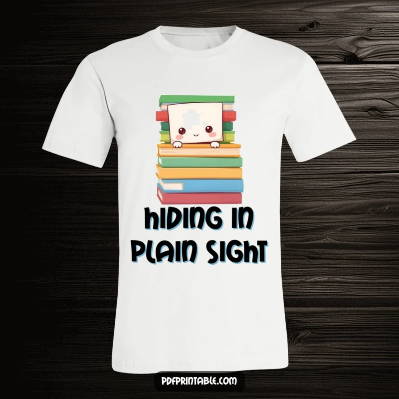 Funny T-Shirt depicting a cute paper character peeking out from behind a pile of colorful, open book pages, suggesting a love for reading.