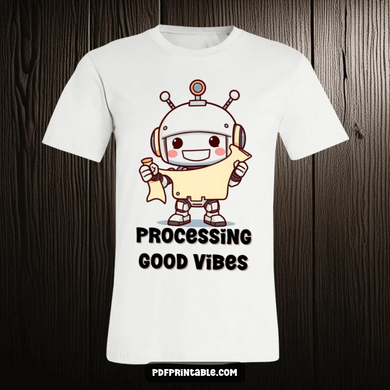 Funny grinning robot holding an unfurled scroll with a smile, printed on a t-shirt, great funny gift.