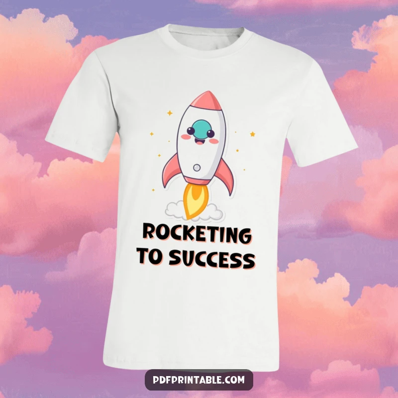 Funny kawaii rocket character blasting off from a smiling paper, a humorous and inspiring graphic tee for dreamers.