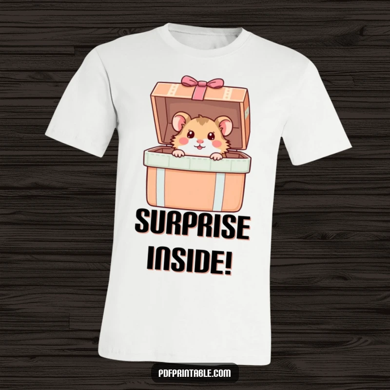 Funny Hamster T-Shirt: A curious hamster peeks out from a giant gift box, showcasing humorous wonder and playful excitement.