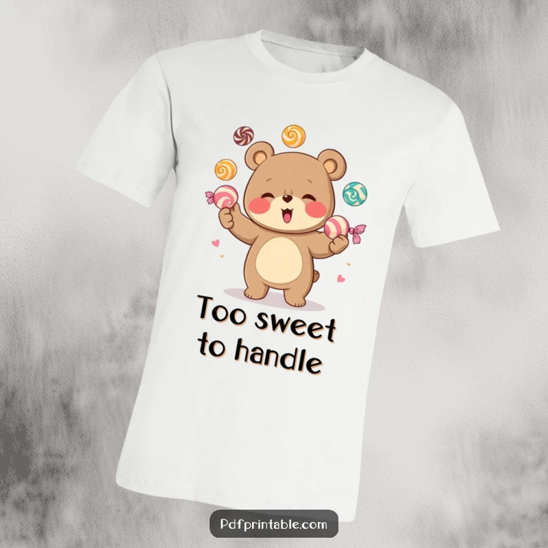 Funny t-shirt depicting a giggling bear character gleefully juggling a mountain of enormous, vibrant candies, symbolizing pure joy and a love for sweets.