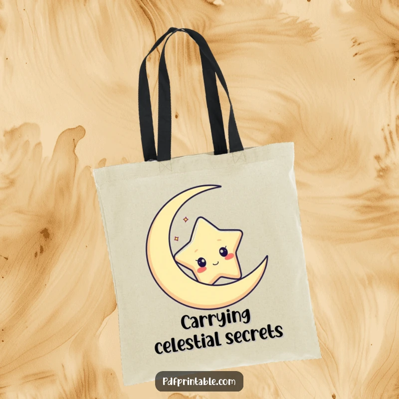 Funny tote bag featuring a curious star character peeking from behind a crescent moon, ideal for cosmic explorers.