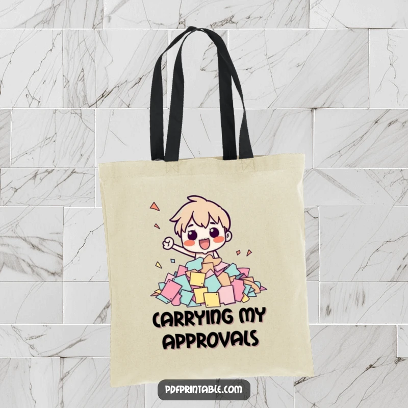 Funny tote bag featuring a character stamping paper shapes, a humorous accessory for carrying your stuff with a smile.