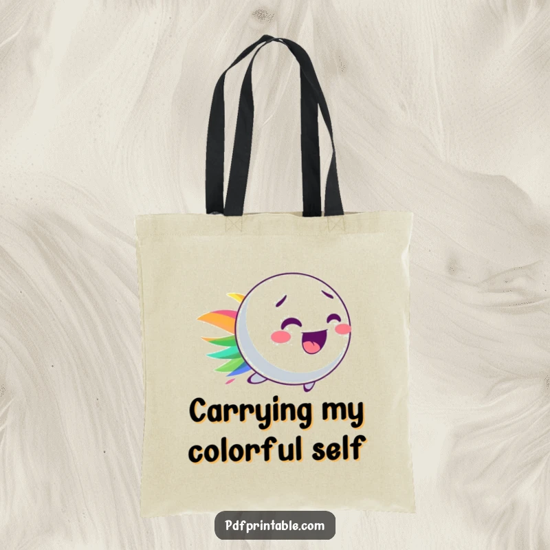 Funny tote bag featuring a dynamic bouncy ball character leaving a colorful streak, perfect for everyday use.