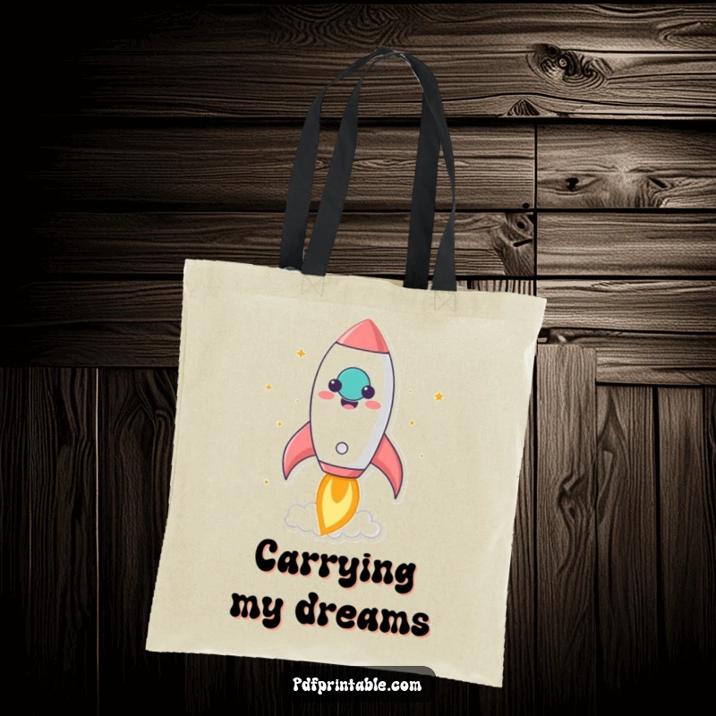 Funny kawaii rocket character blasting off from a smiling paper, on a tote bag for humorous and inspiring utility.
