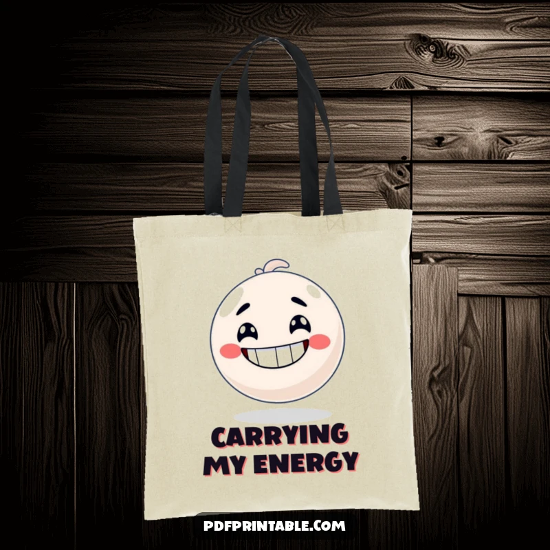 Funny Tote Bag featuring a bouncy ball character with a big grin, ready to bounce its way through the day.
