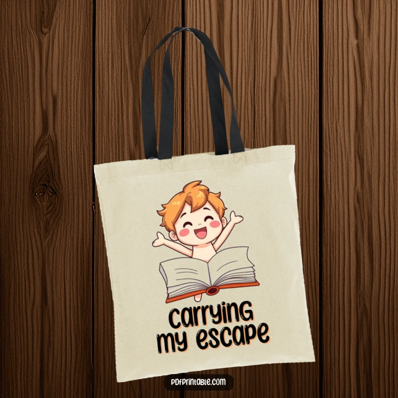Funny Tote Bag: Happy book character springs out of a book page, ideal for carrying books and smiles, a literary delight.