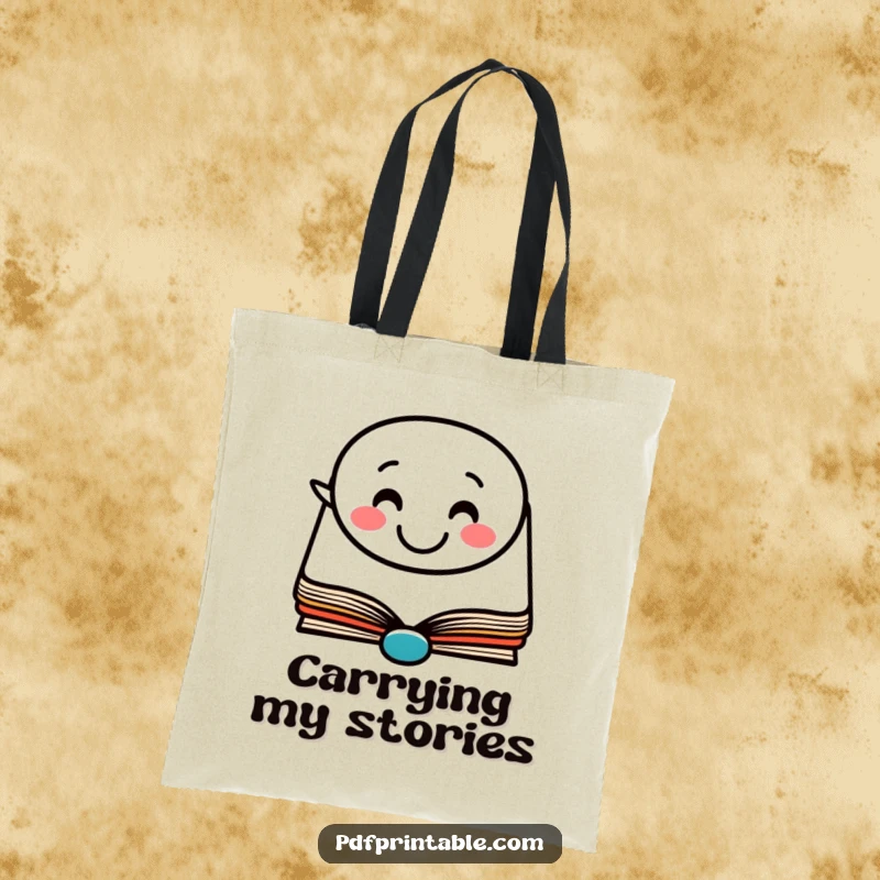 Funny Tote Bag: A tote bag showcasing a happy book character with a smiling face in a speech bubble, ideal for carrying books.
