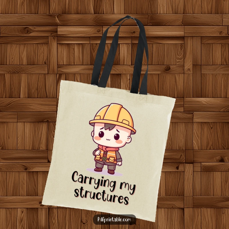 Funny tote bag featuring a character in a tiny construction hat building with printable shapes, great for carrying craft supplies.