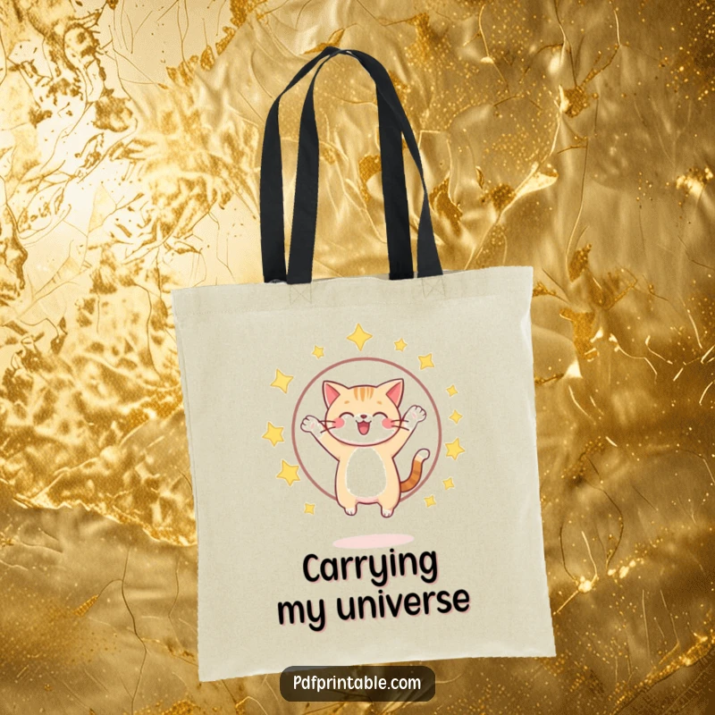 Funny cat jumping through a sparkling star hoop on a durable tote bag, perfect for magical, everyday adventures.