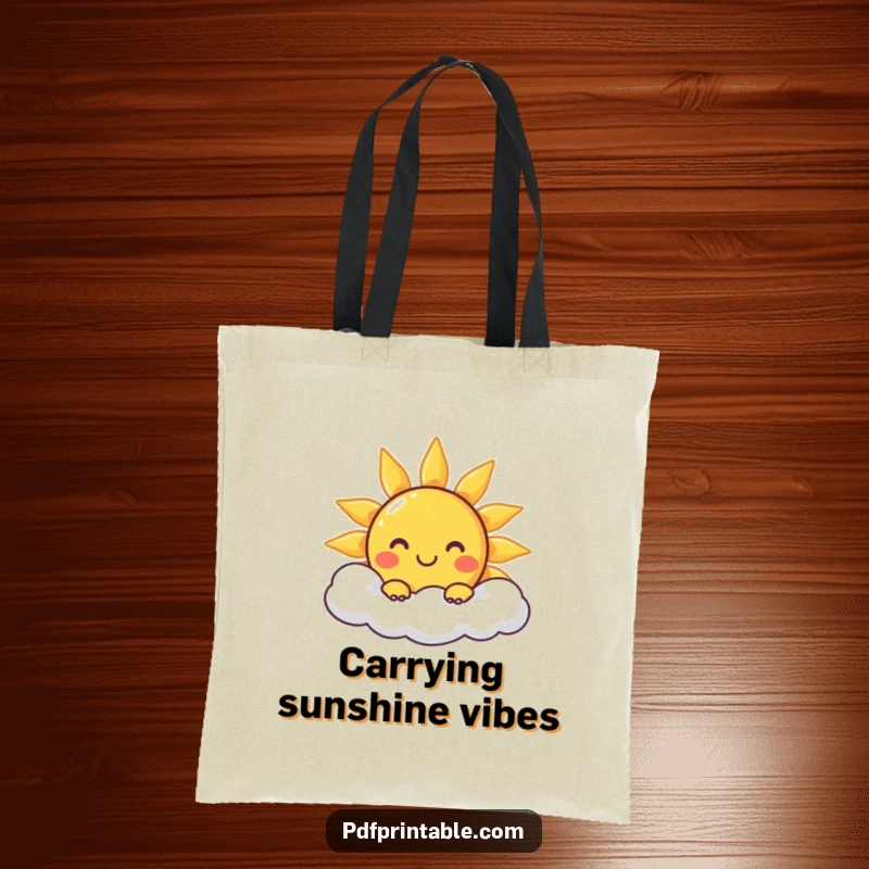 Funny Tote Bag: A tote bag showcasing a smiling sun character peeking from a cloud, ideal for carrying essentials cheerfully.