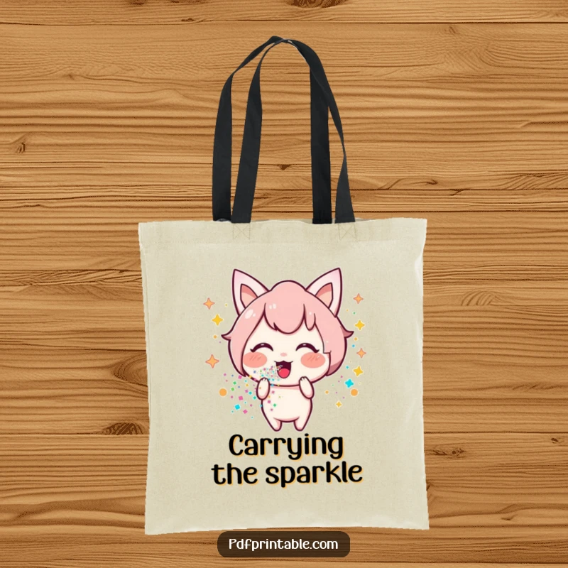 Funny Kawaii glitter tote bag with a happy character blowing a cascade of colorful glitter, perfect for carrying joy and essentials.