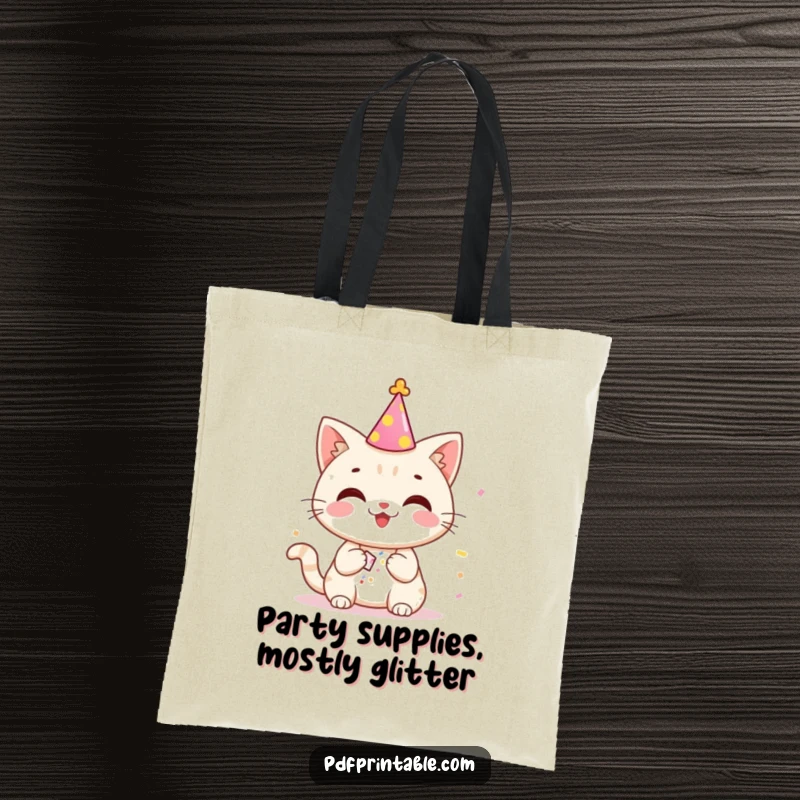 Funny cat in a party hat popping confetti, a cheerful and humorous tote bag design for everyday use.