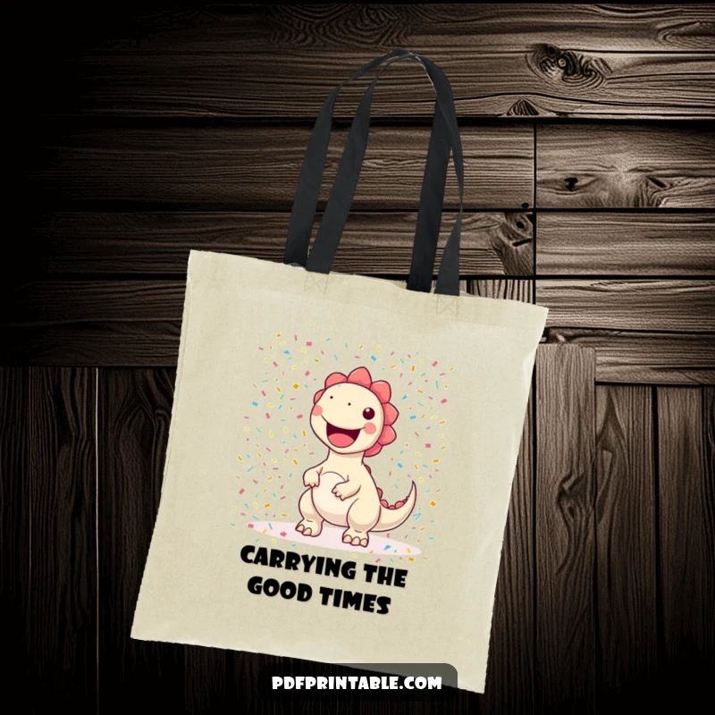 Funny kawaii dinosaur character joyfully printing a massive, colorful confetti pattern, on a tote bag for humorous and artistic flair.
