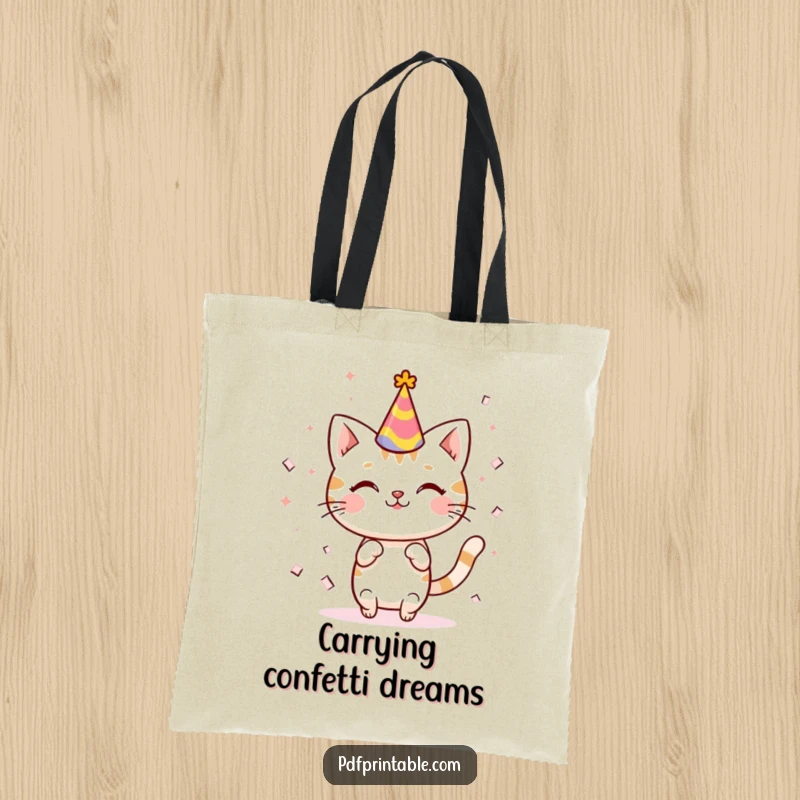 Funny kawaii cat celebrating in a party hat amidst a confetti cascade, making this tote bag a stylish and cheerful accessory.