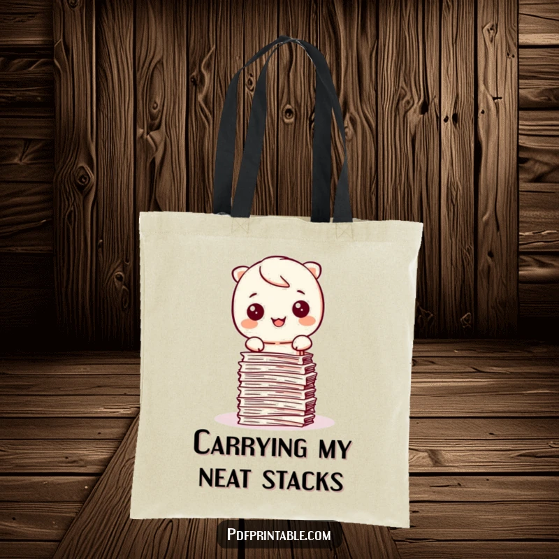 Funny Kawaii character happily stamping papers into a neat stack on a tote bag, perfect for carrying work.