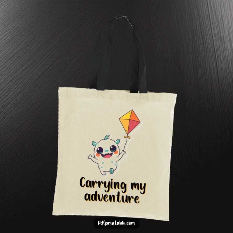 Funny Tote Bag: A tote bag showcasing a cheerful monster character holding a colorful kite in mid-flight, perfect for carrying fun items.