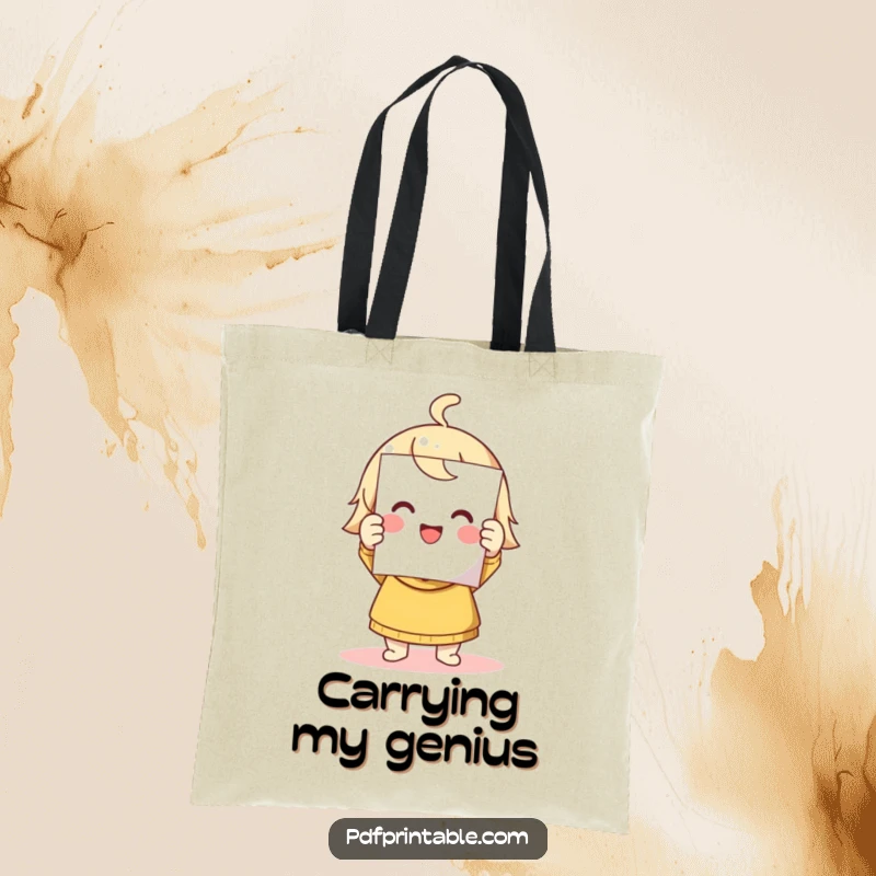 Funny tote bag showing a cute character triumphantly holding a freshly printed page, symbolizing accomplishment and practicality.