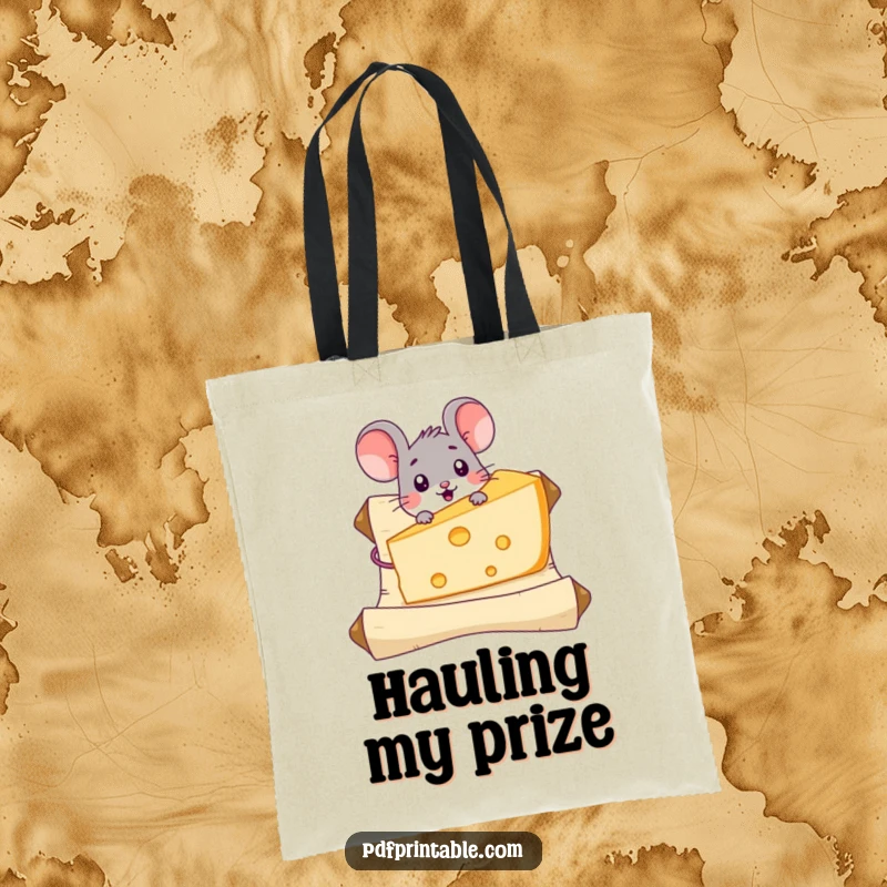 Funny Mouse Cheese Tote Bag showcasing a surprised mouse character discovering a giant piece of cheese on a scroll, perfect for carrying daily items.